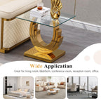 Modern End Table, Living Room End Table with Tempered Glass Top & Geometric Shape Stainless Steel Legs, Square End Table, Luxury Glass Sofa Side Table, Bedside Table, Small Accent Table, Gold