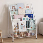 JAQ Kids Bookshelf for Toddlers, 4-Tier Toddler Bookshelf, Forward Facing Kids Book Shelf, Metal Book Display Shelf for Nursery, Playroom & Classroom, Sling Bookshelf for Small Spaces, White, 24.8"