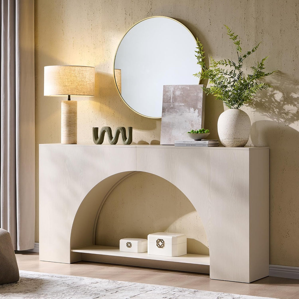 IFGET 63" Arched Console Table, 2-Tier Modern Entryway Table with Arched Base, Narrow Long Wood Sofa Table Behind Couch Table for Living Room, Hallway, Foyer, Cream