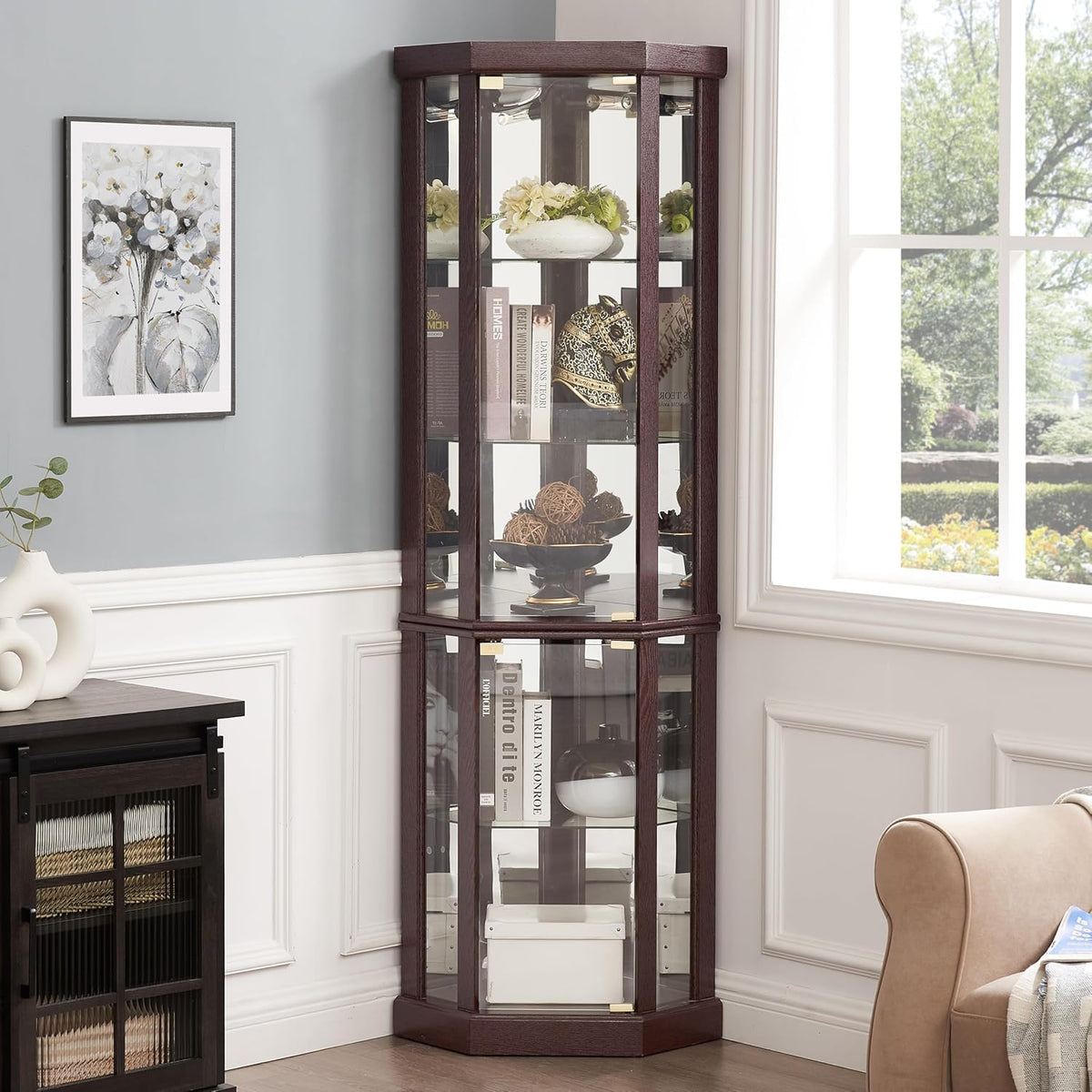 69" H Lighted Corner Curio Cabinet Display Case With Adjustable Shelves, Tempered Glass, Mirrored Back Panel for Living Room (Dark Cherry)