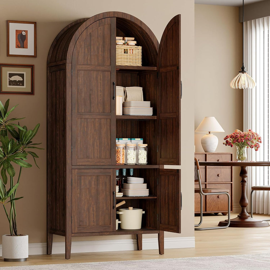 ONBRILL 71" Tall Wooden Arched Cabinet, 5-Tier Arched Kitchen Pantry Cabinet with Doors & Shelves, Farmhouse Kitchen Arch Cabinets with Adjustable Feet, Wooden Pantry Storage for Dining Room(Brown)