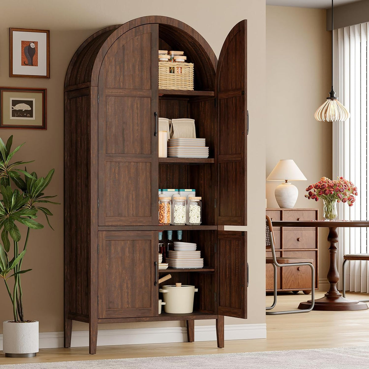 ONBRILL 71" Tall Wooden Arched Cabinet, 5-Tier Arched Kitchen Pantry Cabinet with Doors & Shelves, Farmhouse Kitchen Arch Cabinets with Adjustable Feet, Wooden Pantry Storage for Dining Room(Brown)