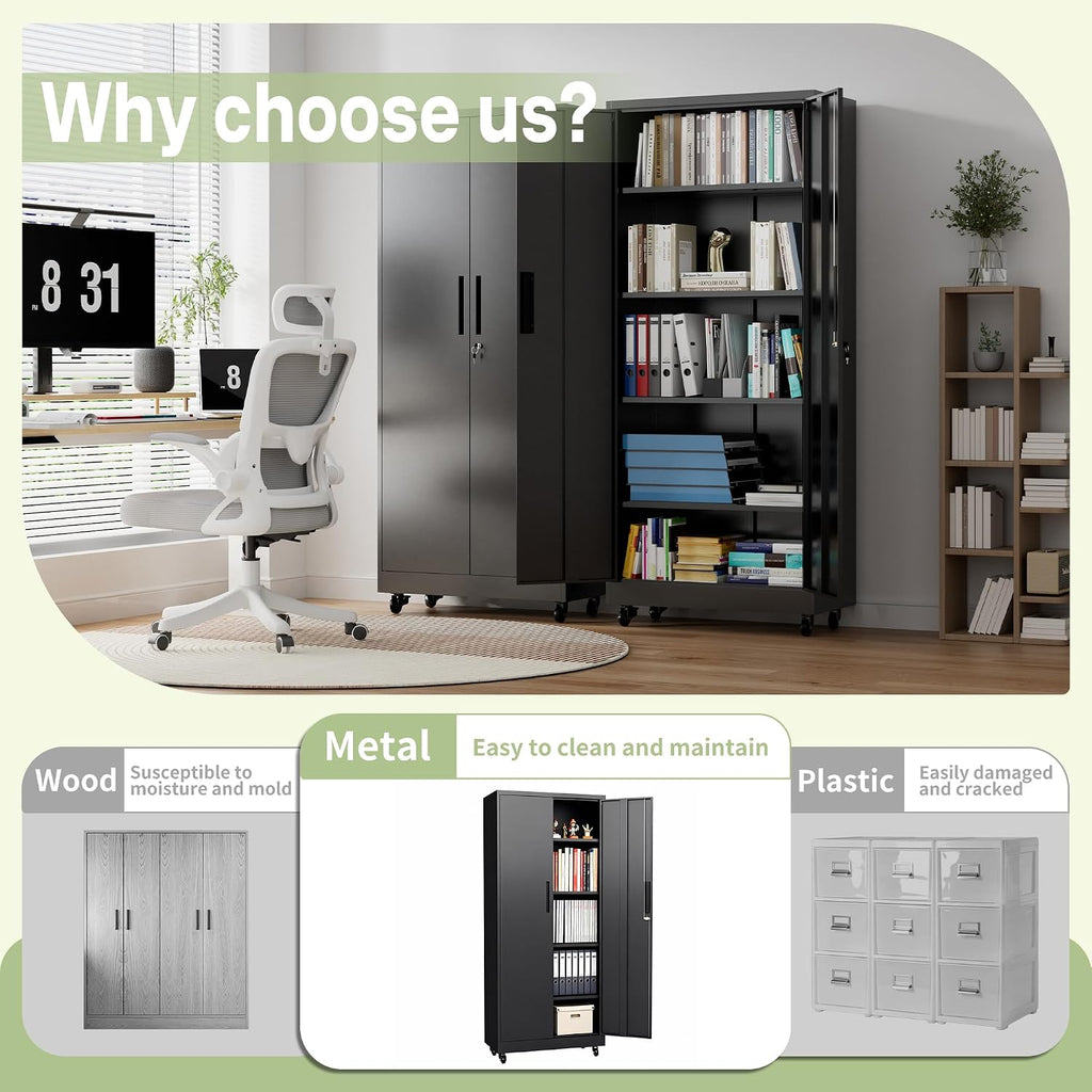 Metal Storage Cabinet with Wheels, 73" H Garage Storage Cabinet with Doors and Adjustable Shelves, Heavy Duty Locking Tool Cabinet Utility Cabinets for Home Office, Garage, Warehouse (Black)