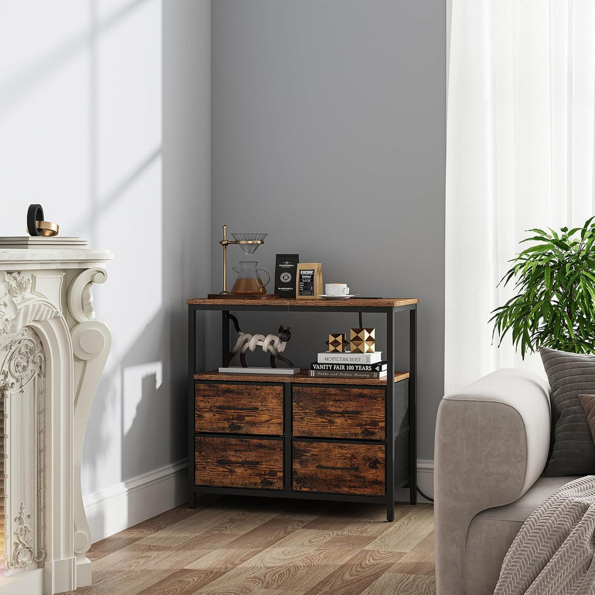 TUTOTAK Large Night Stand with Charging Station, Nightstand with USB and Type-C Port, Bedside Table with Cloth Drawers, End Table for Livingroom, Bedroom, Brown TB01BB081