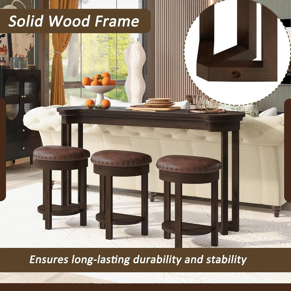 Merax 4 Piece Bar Table Set with 3 PU Upholstered Bar Stools, Solid Wood Counter Height Kitchen Table Set, Breakfast Table with 3 Padded Stools for Living Room, Dining Room, Espresso
