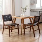 Woven Leather Dining Chairs Set of 2, Mid Century Modern Solid Wood Dining Room Chairs with Handwoven Leather Strap Seat, Armless Kitchen Side Chairs for Dining Room, Restaurant, Black
