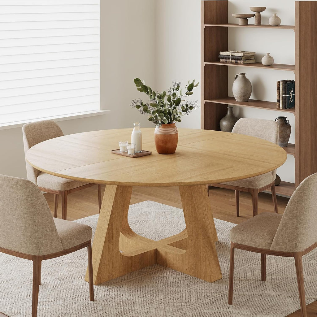 55.25" Round Dining Table for 4-6 People, Farmhouse Circle Kitchen Table with Geometric Base, Wooden Dinner Table for Dining Room Kitchen Living Room, Natural Oak