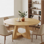 55.25" Round Dining Table for 4-6 People, Farmhouse Circle Kitchen Table with Geometric Base, Wooden Dinner Table for Dining Room Kitchen Living Room, Natural Oak