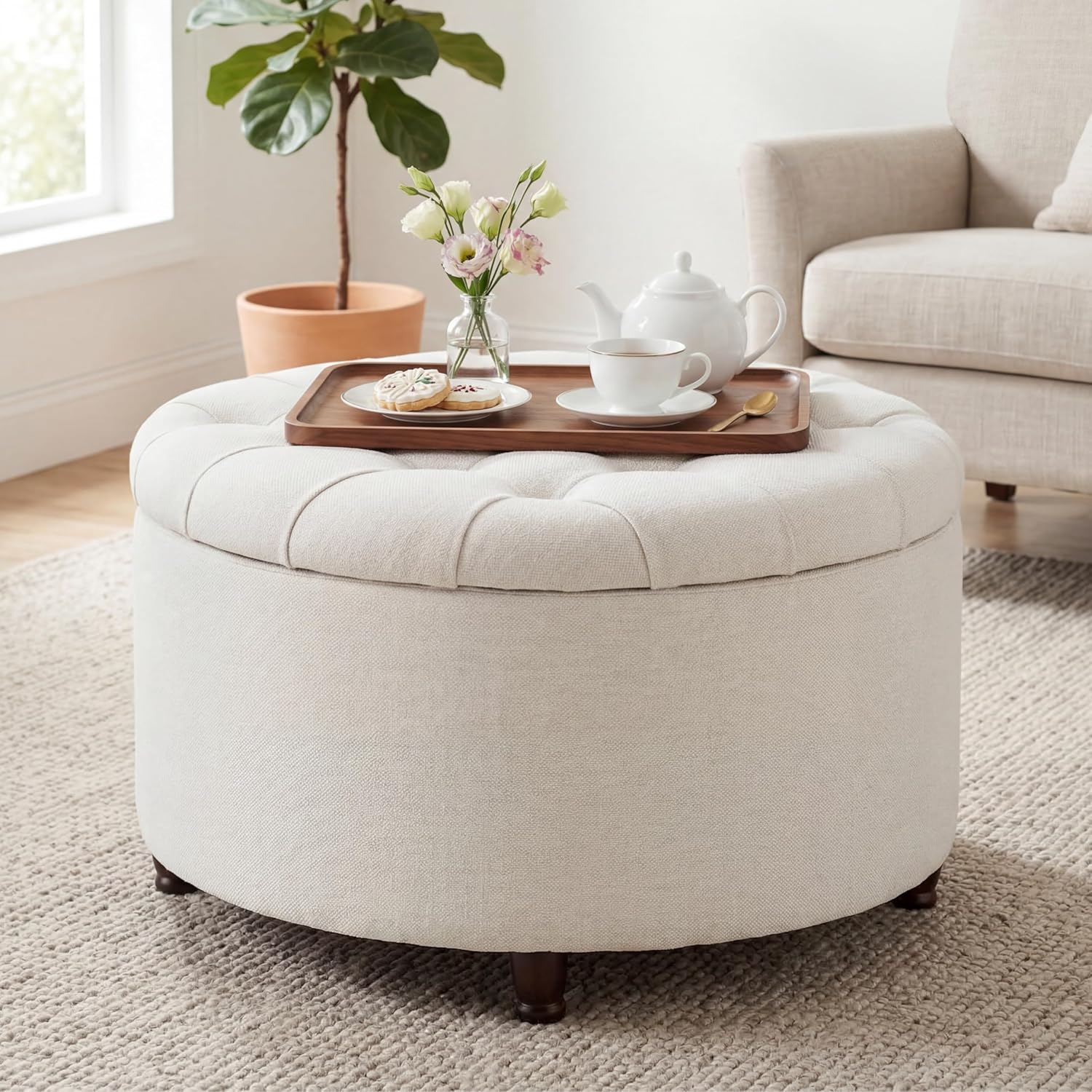 28" Round Storage Ottoman, Tufted Coffee Table for Living Room,Beige | Chenille Upholstered Footrest with Removable-Top & Wood Leg Large Footstool