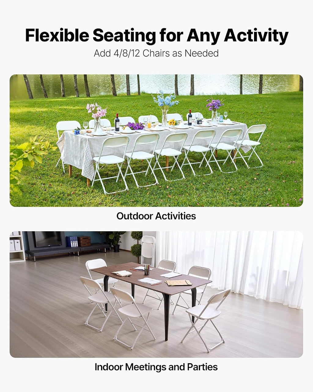 VEVOR 4 Pack Folding Chairs, Foldable Plastic Chair with Reinforced Metal Frame, Heavy Duty Portable Party Chairs, Stackable Indoor Outdoor Seat w/Non-Slip Feet for Event Dining Patio, 350lbs Capacity