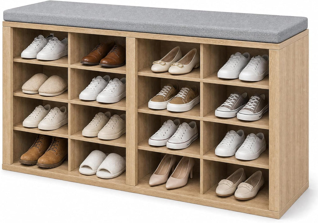 Shoe Storage Bench with Cushion, 16-Cubby Entryway Bench with Adjustable Shelves, 23" Tall Heavy Duty 700 lb Capacity, for Bedroom, Hallway, Mudroom