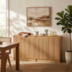 FURSUN 61" Modern Fluted Sideboard with Curved Design, 4-Door Buffet Cabinet with Adjustable Shelves, Large Wood Coffee Bar Station for Dining Room & Kitchen(Natural Oak)