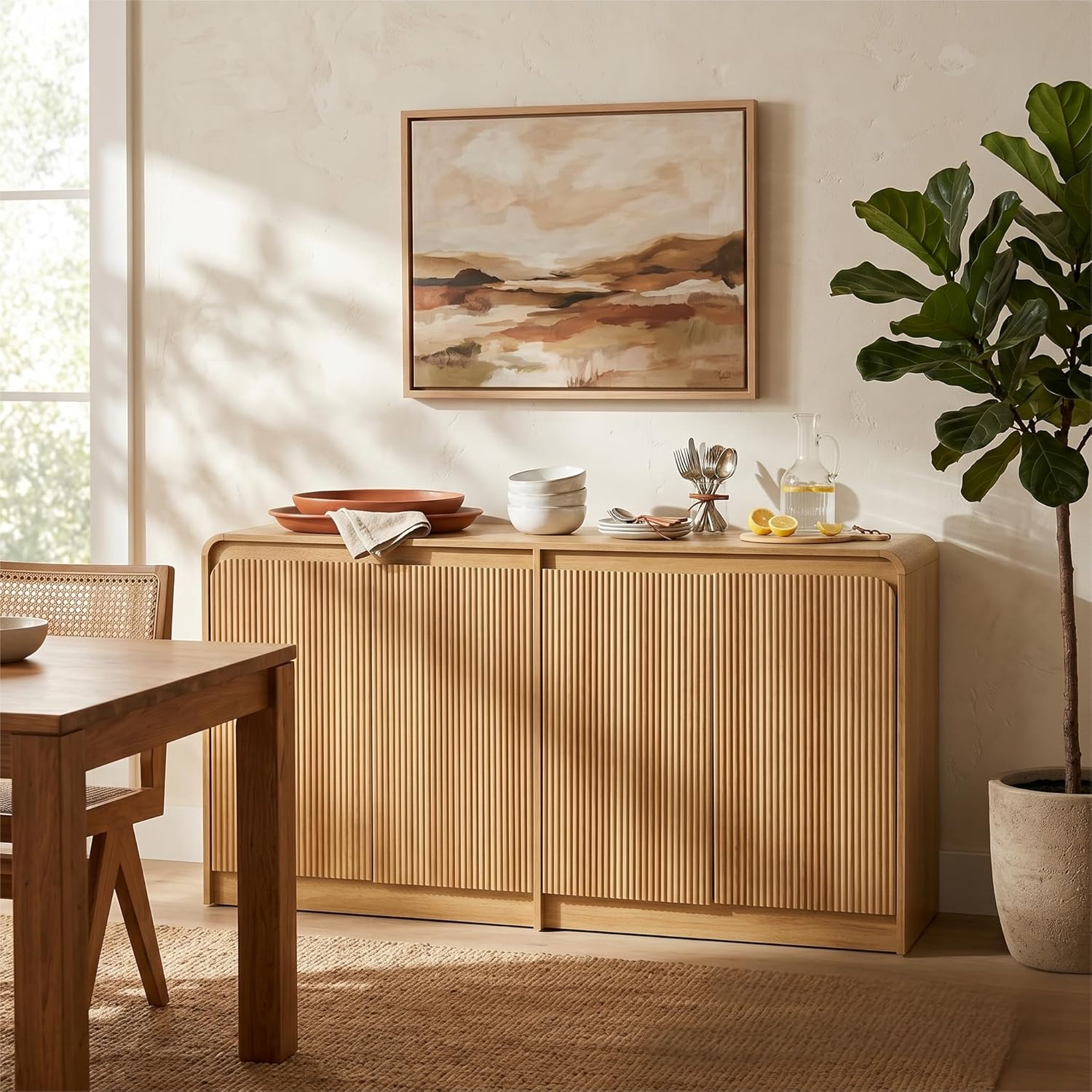 FURSUN 61" Modern Fluted Sideboard with Curved Design, 4-Door Buffet Cabinet with Adjustable Shelves, Large Wood Coffee Bar Station for Dining Room & Kitchen(Natural Oak)