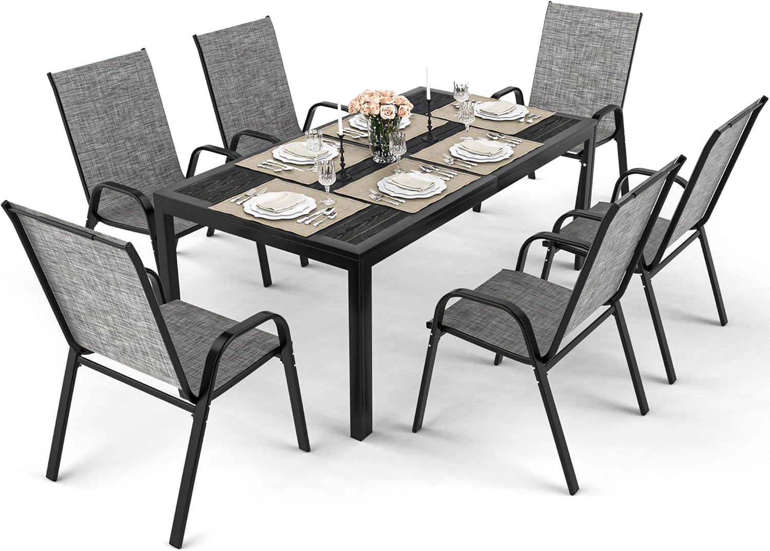 Pamapic Outdoor Dining Sets for 6, Rectangular Steel Slat Table with 6 Textilene Chairs, 7 Piece Patio Table and Chairs Set with Umbrella Hole for Patio, Backyard, Poolside (Grey, No Umbrella)