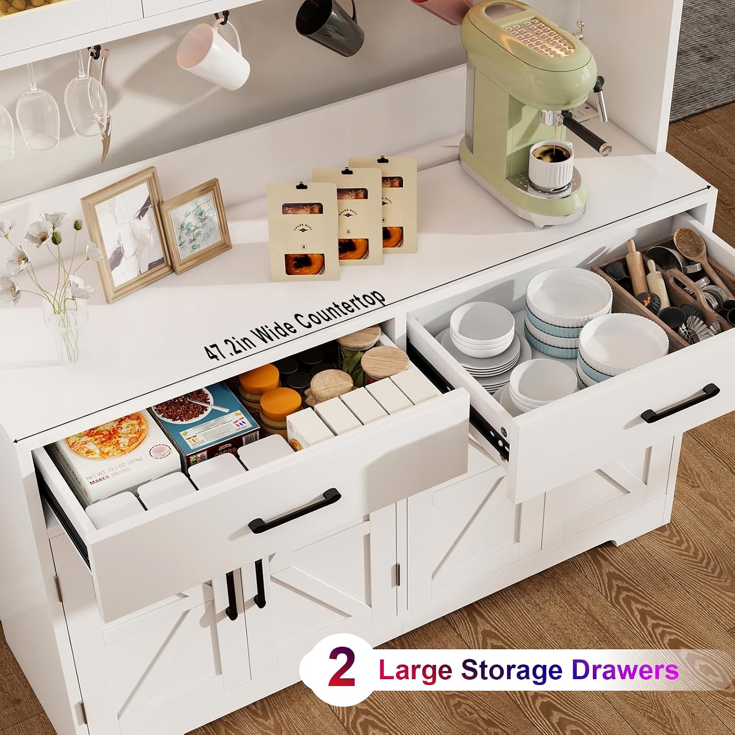 Vipbear 71" Tall Pantry Cabinet, Kitchen Hutch with Power Outlet, Farmhouse Buffet Sideboard with Door Racks, RGB LED Light Coffee Bar Cabinet for Kitchen Storage