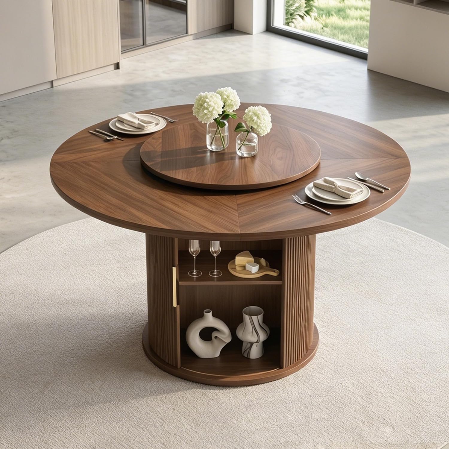 55.1 Inch Round Dining Table for 4-6, Modern Kitchen Table with Storage, Circle Dining Room Table with Wooden Pedestal Base for Living Room, Dining Room & Kitchen, Walnut