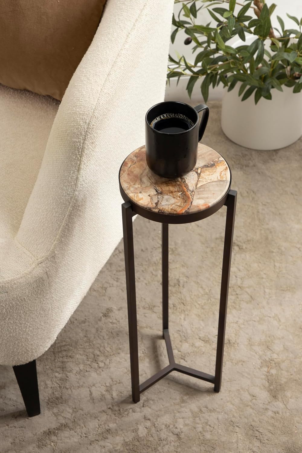 Kate and Laurel Aguilar Modern Drink Table, 9 x 9 x 23, Petrified Wood and Bronze, Unique Round Wood Mini Stand for Use as Bathroom Accent or Pedestal Martini Table