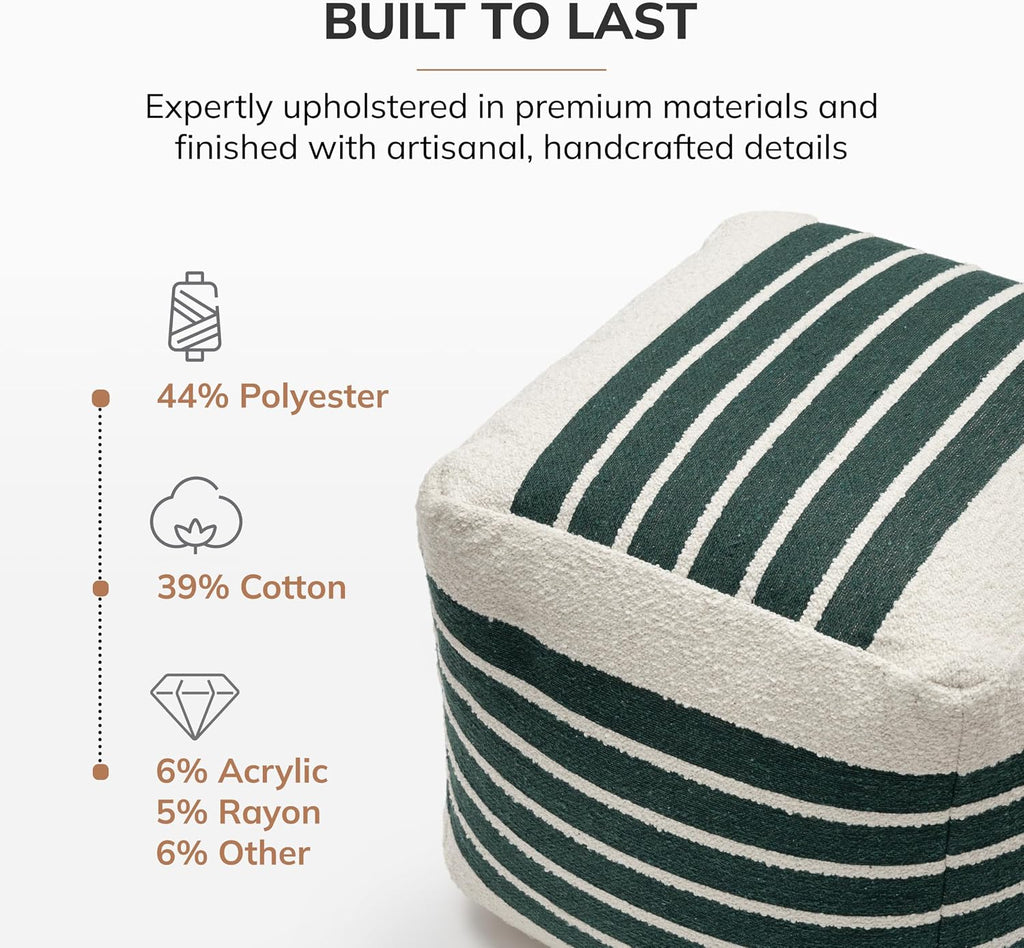 Anji Mountain Artisan Crafted Cotton Blend Pouf Ottoman | Versatile Floor Seating & Footstool for Living Room | Modern Boho Home Décor Accent | Filled Pouffe | Soft & Fluffy Ottoman Pouf, Lightweight, Decorative Floor Pouf Seating for Bedroom & Home