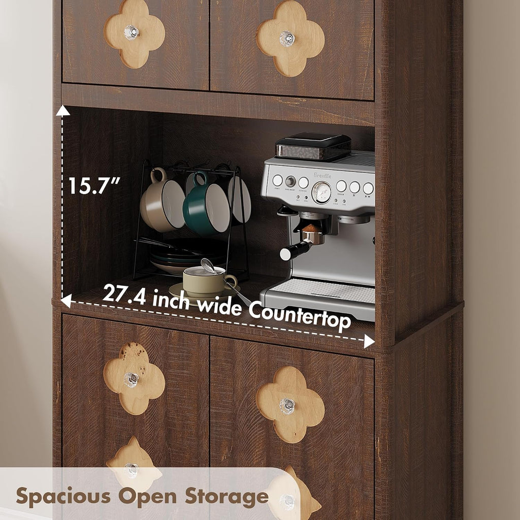 IDEALHOUSE Mid Century Modern Kitchen Pantry Cabinet, 72" Tall Storage Cabinet with Microwave Shelf, Wooden Freestand Cupboard with Carved Flower Door & Crystal Handle, for Dining Room