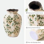 Vintage Pastoral Octagonal Vase, Green and Beige Retro Ceramic Flower Vases, Rustic Farmhouse Vases Chinoiserie Floral Small Vase for Home Decor, Living Room, Kitchen, Bedroom and Shelf 6.7 Inch
