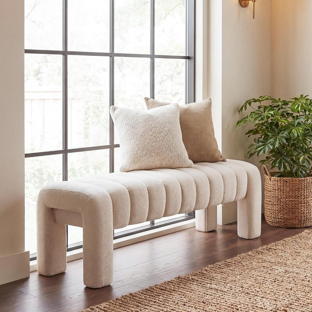 43.3" Bedroom Bench, Upholstered Entryway Bench, Modern End of Bed Ottoman with Solid Wood Legs and Adjustable Foot Pegs for Entryway, Dining Room and Living Room (Beige Linen)
