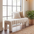 43.3" Bedroom Bench, Upholstered Entryway Bench, Modern End of Bed Ottoman with Solid Wood Legs and Adjustable Foot Pegs for Entryway, Dining Room and Living Room (Beige Linen)