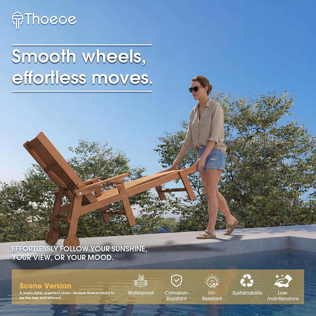 THOEOE Patio Chaise Lounge Chair,HDPE Lounge Chair Outdoor with Wheels | Oversized pool lounge chairs with cup holder, 5 adjustable position for patio,outside,pool,deck