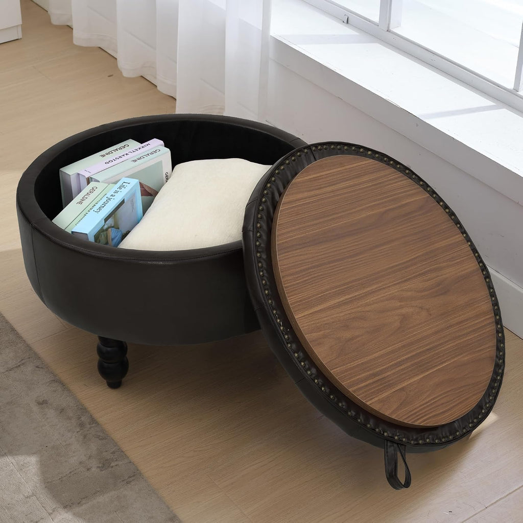 30 Inch PU Leather Round Storage Ottoman with Tray, Modern Upholstered Tufted Coffee Table with Storage, Large Ottoman Footrest Stool for Living Room, Bedroom, Dorm, Dark Brown