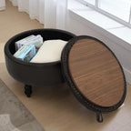 30 Inch PU Leather Round Storage Ottoman with Tray, Modern Upholstered Tufted Coffee Table with Storage, Large Ottoman Footrest Stool for Living Room, Bedroom, Dorm, Dark Brown