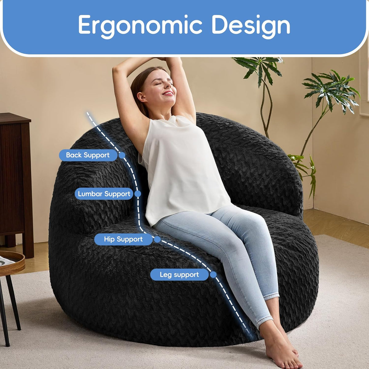 Hobestluk Giant Memory Foam Bean Bag, No-Assembly, Chevron Black Large | High Density Memory Foam, Washable & Removeable Cover, Durable Zipper, Skin Friendly Fabric, Soft Faux Fur, No Assembly