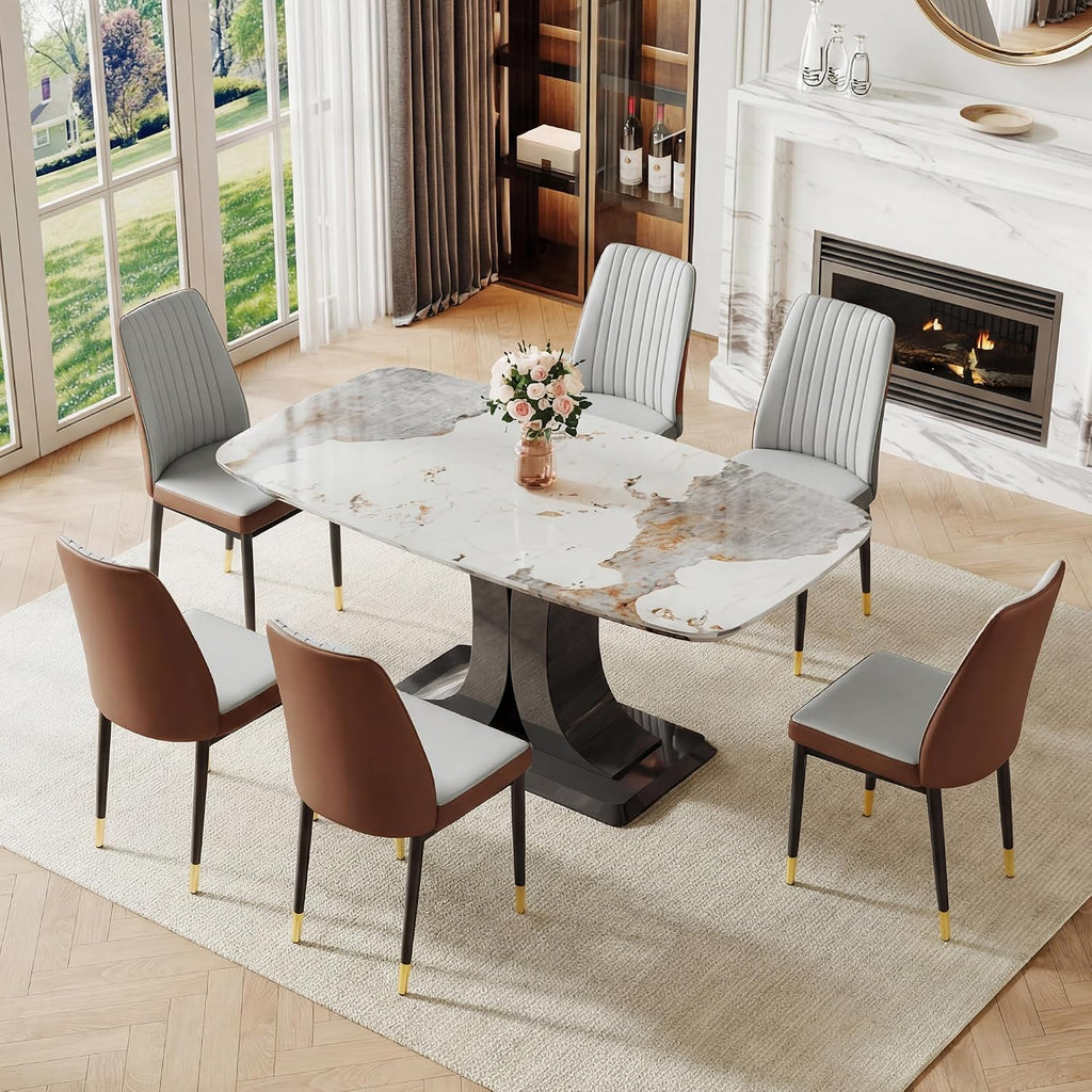 Modern Dining Table Set for 6, Marble Kitchen Table Chair Set for 6, Rectangular Kitchen Table with 6 Pu Leather Upholstered Chair for Dining Room