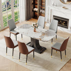 Modern Dining Table Set for 6, Marble Kitchen Table Chair Set for 6, Rectangular Kitchen Table with 6 Pu Leather Upholstered Chair for Dining Room
