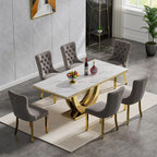 Modern Marble Dining Table Set for 6, White Dining Set with 68" Faux Marble Dining Table and 6 Gray Upholstered Velvet Dining Chairs, 7 Piece Dining Table and Chairs Set for Kitchen