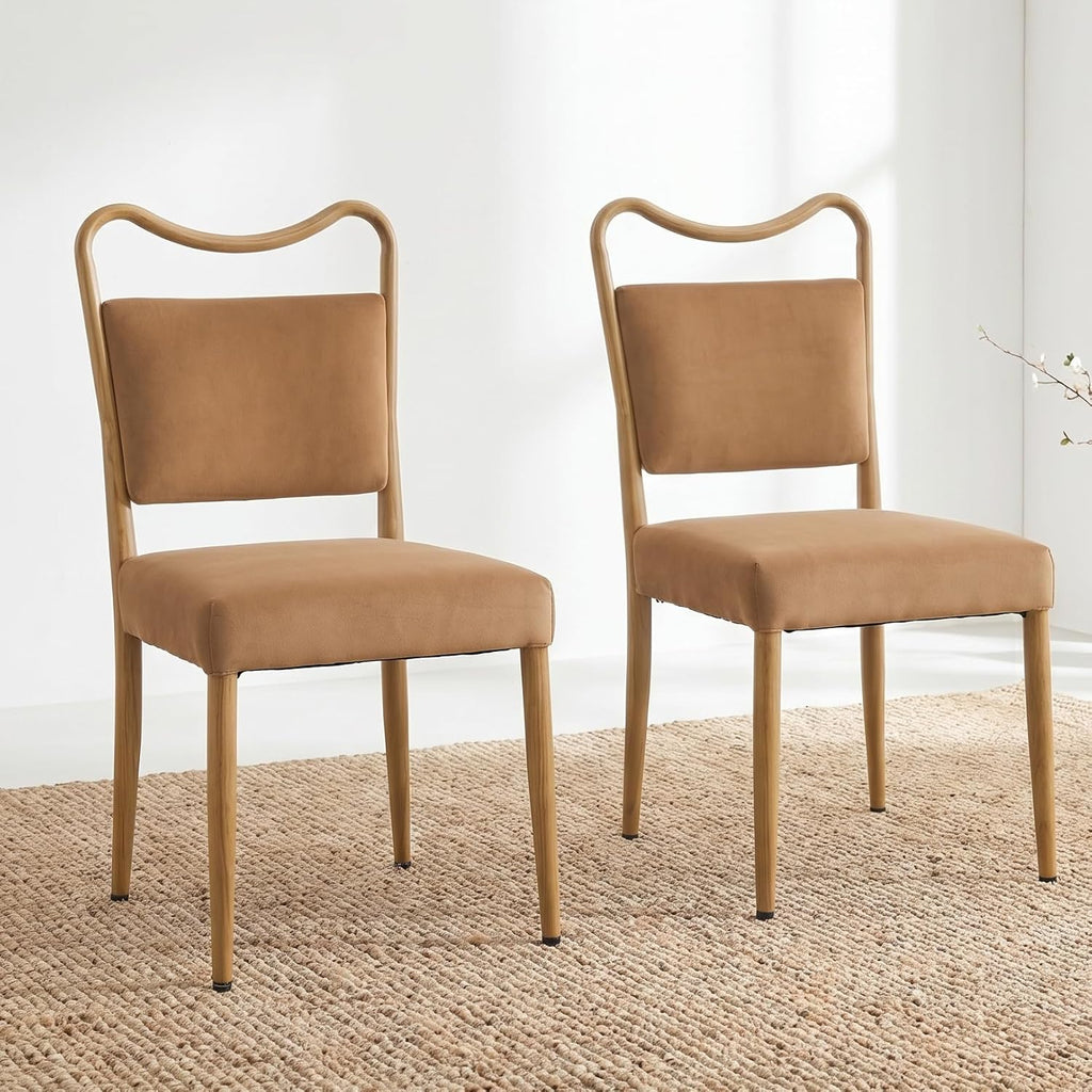 Velvet Dining Chairs Set of 2, Mid-Century Modern, Brown | Wood Grain Metal Frame, Soft Velvet Upholstery, Curved Backrest, 4.5-Inch Padded Seat, 350 LBS Weight Capacity