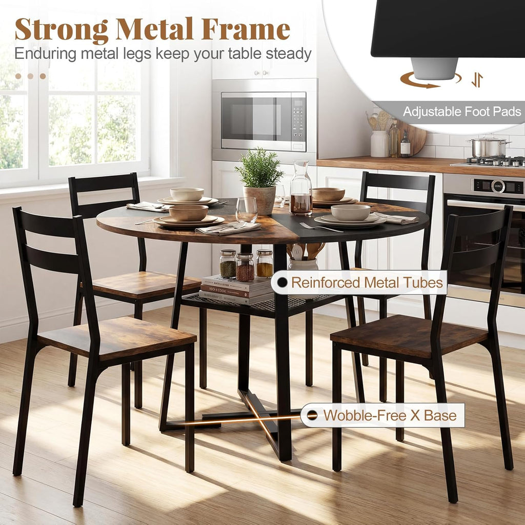 Giantex Round Dining Table for 4-6, 47.5" Circle Kitchen Table with Storage Shelf, Metal Pedestal, Space-Saving Farmhouse Dinner Table for Living Dining Room (Rustic Brown & Black)