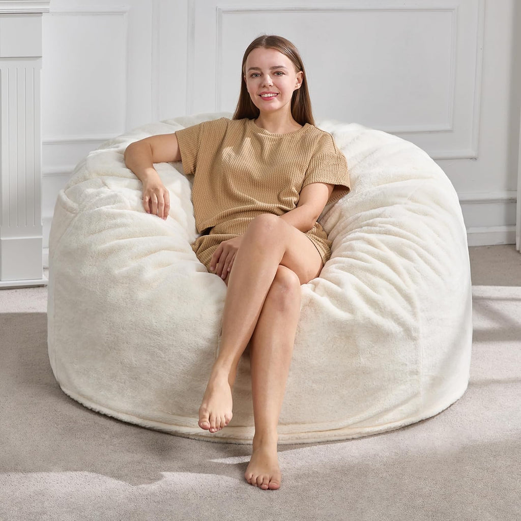 Hobestluk Adult Bean Bag Chair 4FT Large Lounger with Plush Cover, White | Memory Foam Filled, Removable and Washable Cover, Portable Handle, Relaxing, Reading, Large, Skin-Friendly Plush Faux Fur