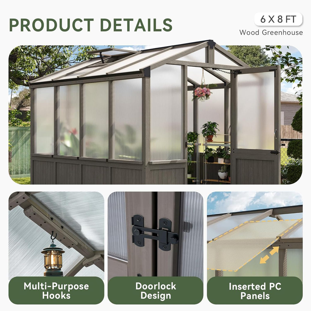 Aoxun 6x8 FT Wood Green House for Outdoors, Polycarbonate Panel Wooden Walk-in Greenhouse Kit with Automatic Temperature Control Roof Vent and Lockable Door, for Outside Backyard Garden, Gray