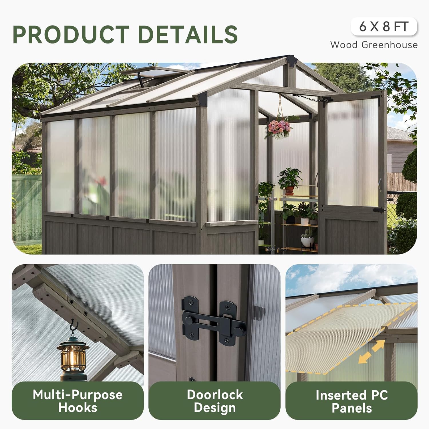 Aoxun 6x8 FT Wood Green House for Outdoors, Polycarbonate Panel Wooden Walk-in Greenhouse Kit with Automatic Temperature Control Roof Vent and Lockable Door, for Outside Backyard Garden, Gray