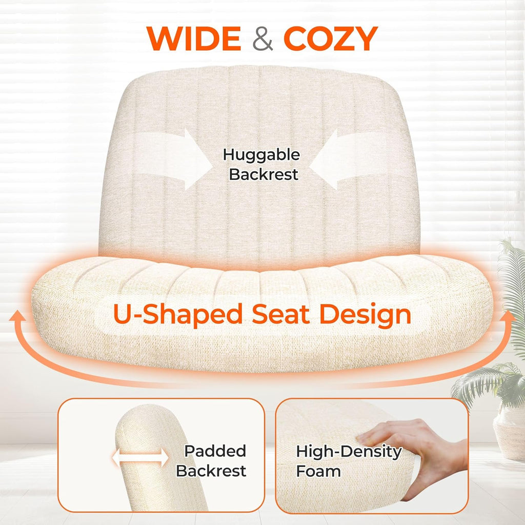 Orange Factory Criss Cross Chair, Wide Fabric Vanity Desk Seat, Beige Wheel | Cross-Legged with 360° Swivel, Height Adjustable, Smooth and Silent Wheels, Comfy Seating for Office, Desk, or Computer Use