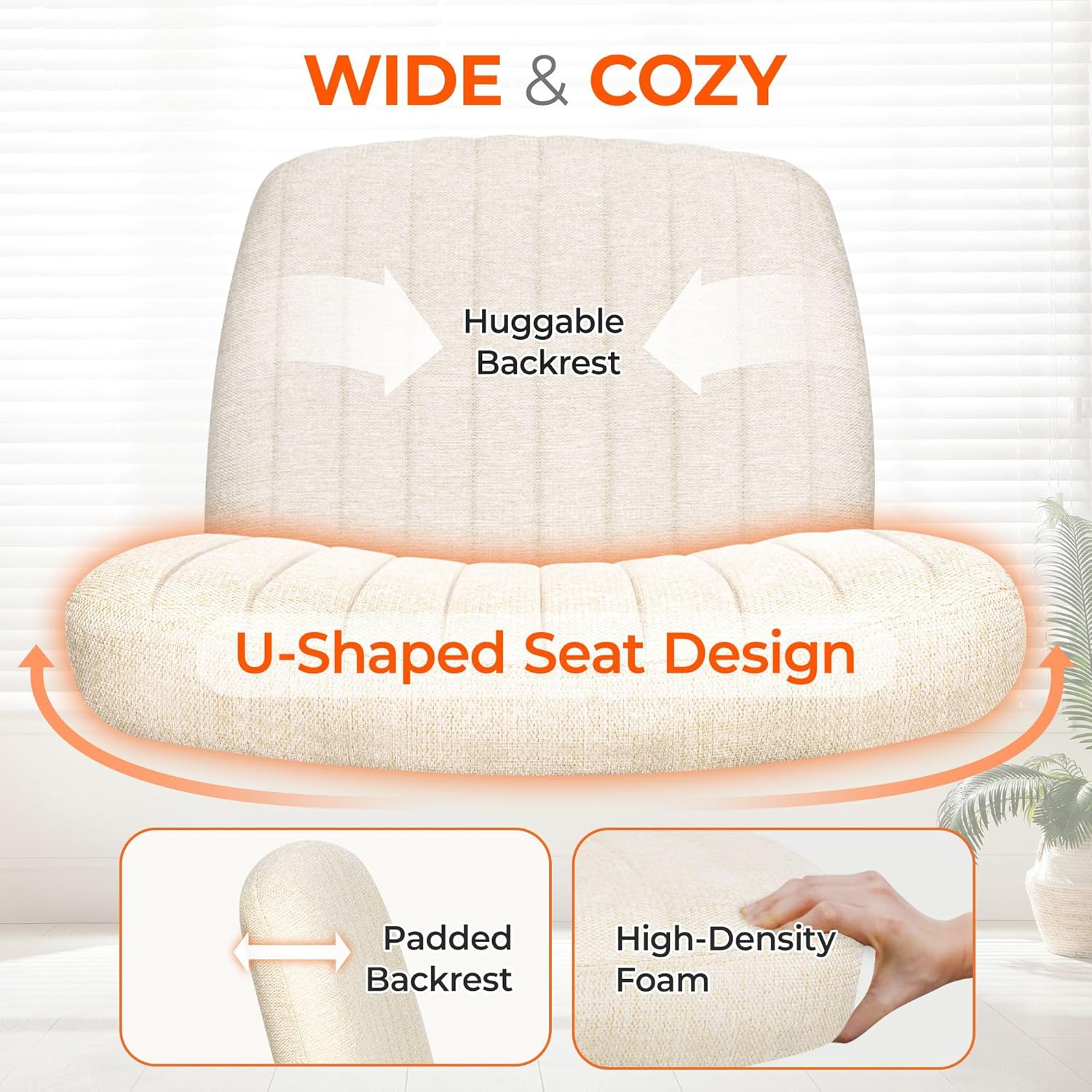 Orange Factory Criss Cross Chair, Wide Fabric Vanity Desk Seat, Beige Wheel | Cross-Legged with 360° Swivel, Height Adjustable, Smooth and Silent Wheels, Comfy Seating for Office, Desk, or Computer Use