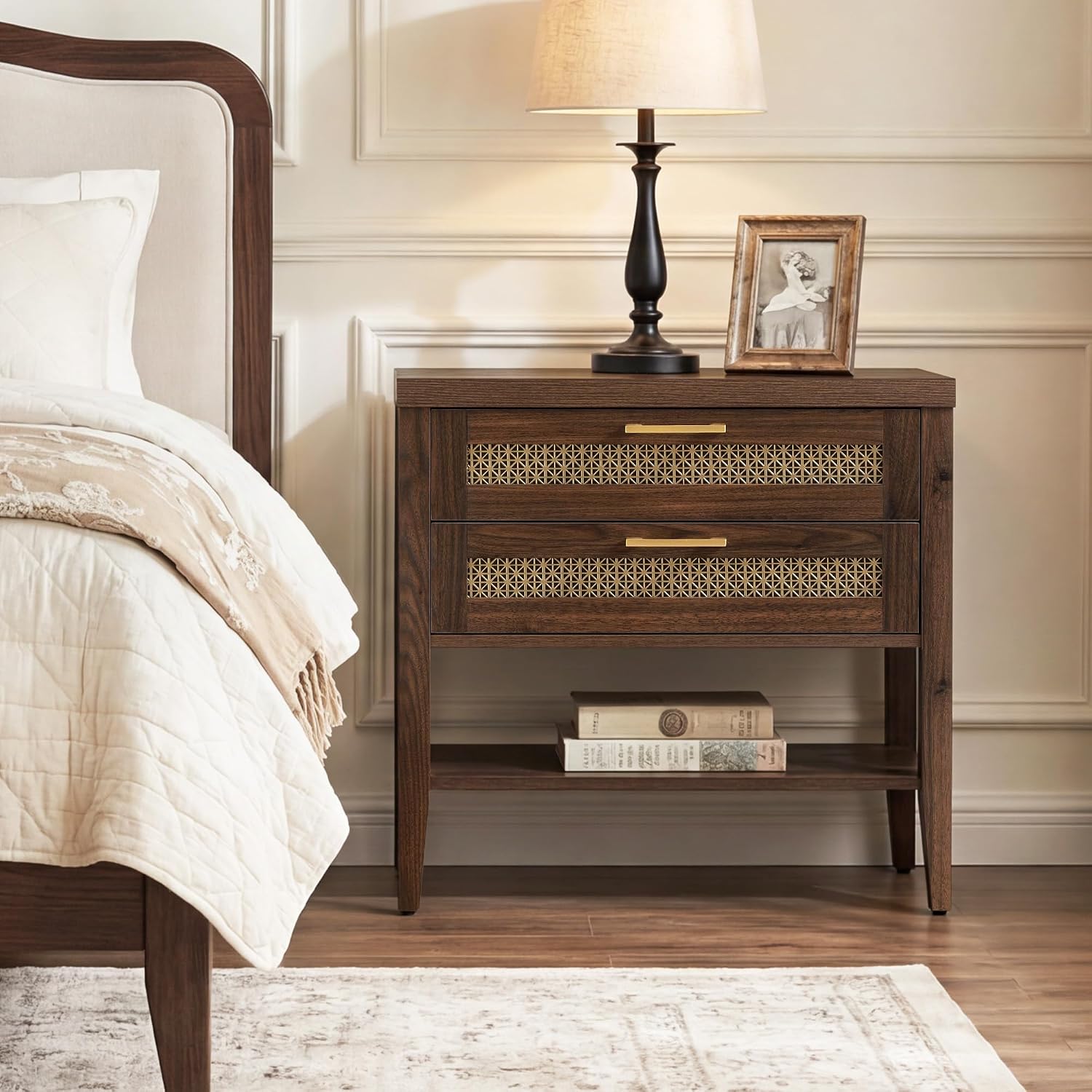 SICOTAS Night Stand Set 2,Rustic Nightstand Set of 2 with Drawer and Shelf | Large Bedside Table for Bedroom, Mid Century Modern Nightstand, 25.7" Tall Side End Table, Espresso Walnut, 2 Pieces