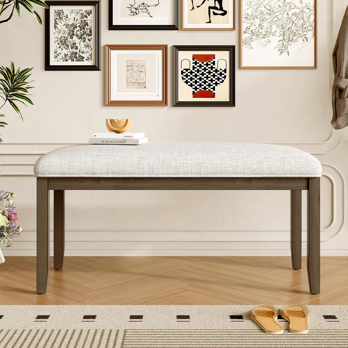 38-inch Small Upholstered Dining Bench, Vintage Wooden Bench Indoor, Entry Way Bench with Cushion, Farmhouse Rectangular Ottoman for Kitchen Bedroom End of Bed and Hallway (Beige+Brown)