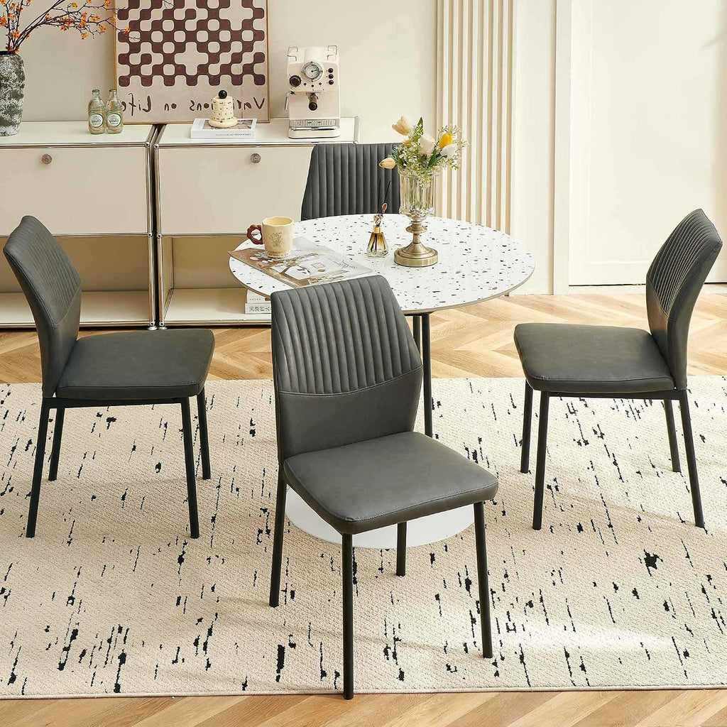 Modern Dining Chairs Set of 4, PU Leather Comfortable Upholstered Dining Room Kitchen Side Chair with Black Metal Legs for Living Room Restaurant, Waterproof, Space-Saving (Grey)