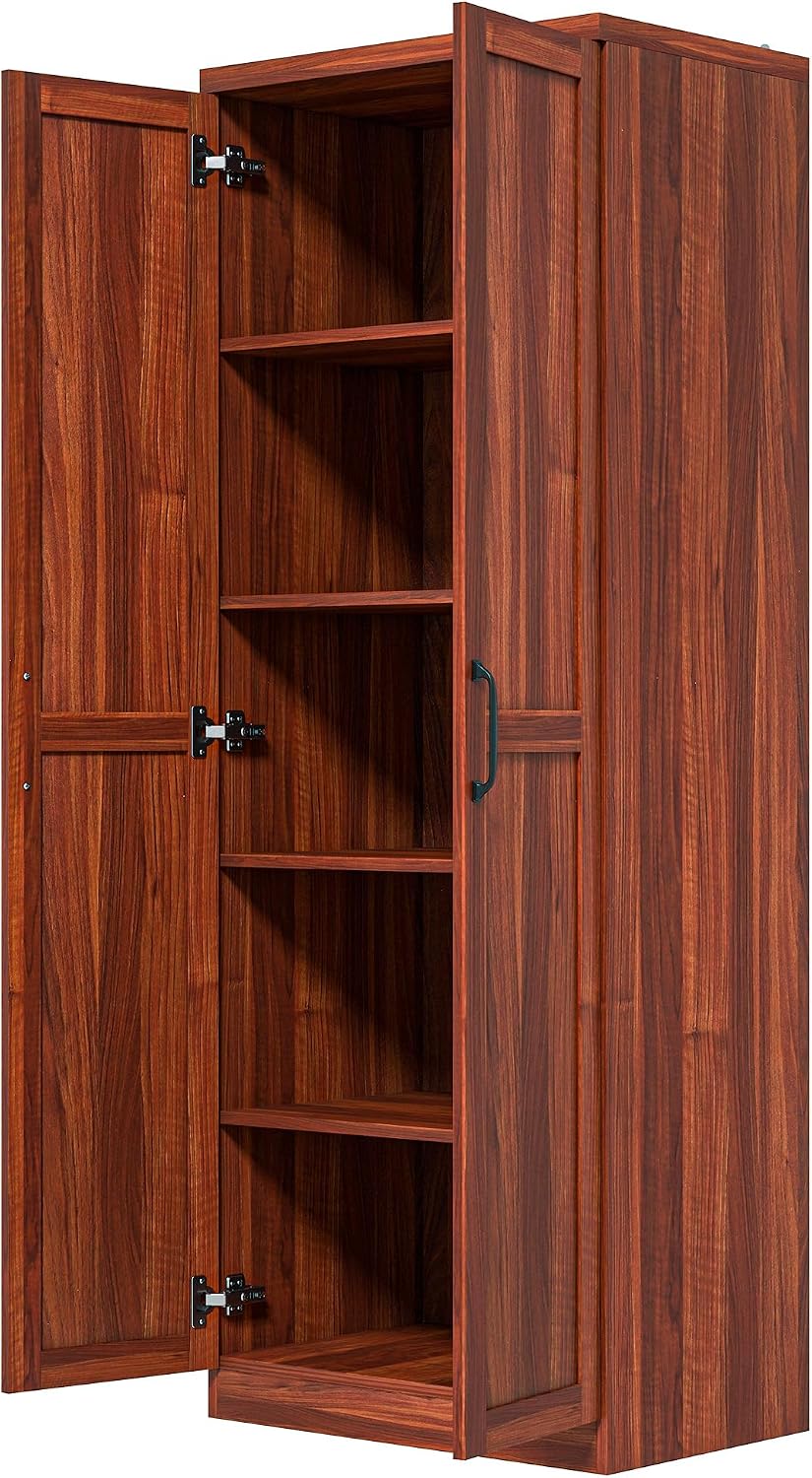 63" 2-Door Kitchen Pantry, Freestanding Storage Cabinet with 5-Tier Shelving and 2 Adjustable Shelves for Dining Room, Tan