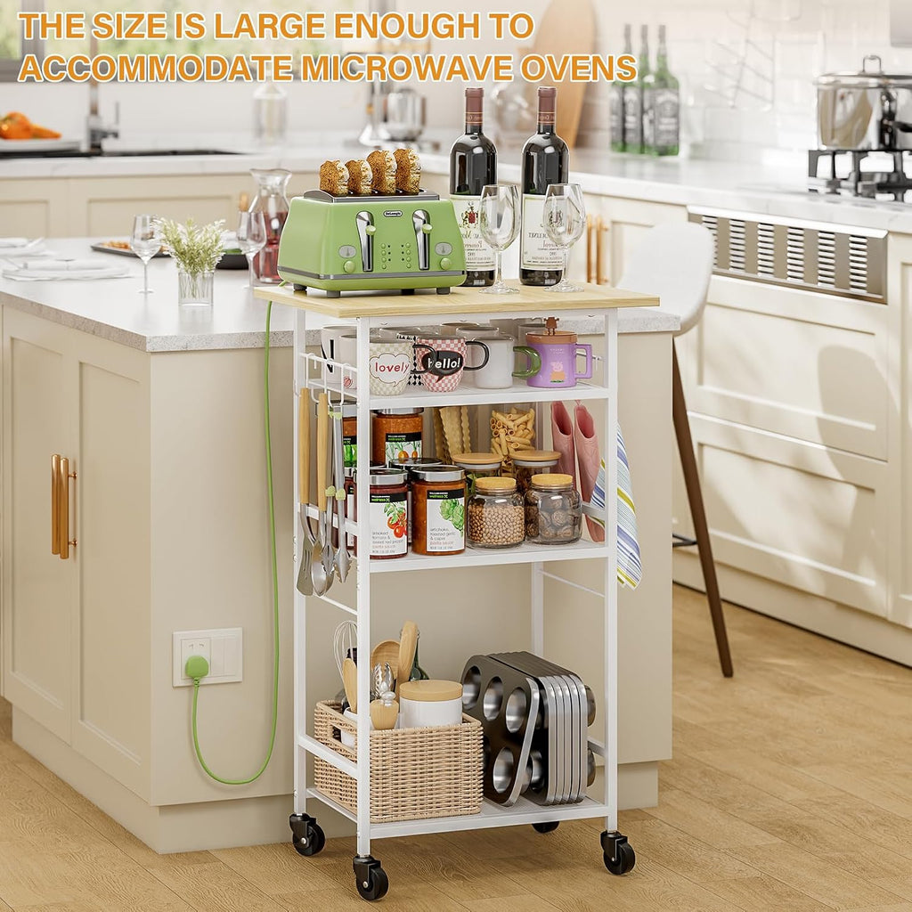 ThreeHio Rolling Kitchen Microwave Cart, 4 Tier Microwave Table Stand with Storage, Kitchen Storage Rack on Wheels, Coffee Station Cart Rack Shelf Organizer for Living Room Office, Balcony
