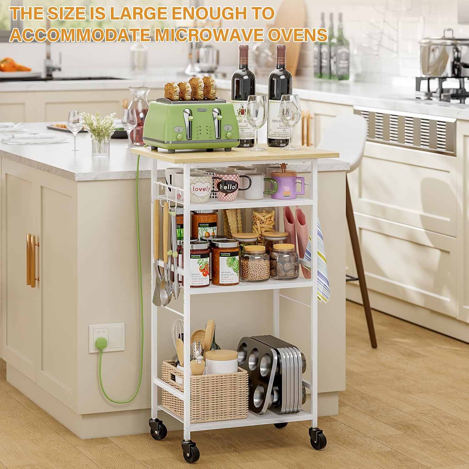 ThreeHio Rolling Kitchen Microwave Cart, 4 Tier Microwave Table Stand with Storage, Kitchen Storage Rack on Wheels, Coffee Station Cart Rack Shelf Organizer for Living Room Office, Balcony