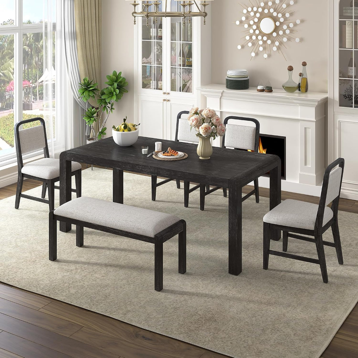 LUMISOL 6-Piece Solid Wood Dining Table Set, Extendable Kitchen Table Set for 4-6 with 4 Upholstered Chairs and 1 Bench for Kitchen, Dining Room, Living Room, Espresso