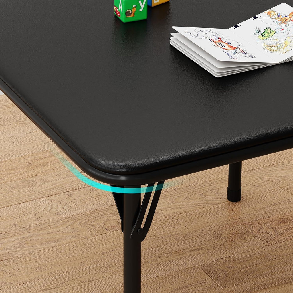 3-Piece Folding Card Table and Chairs Set for Kids, 24 Inch Square Foldable Table with 2 PU Cushion Padded Chairs, Steel Frame Space Saving Set for Game Room, Multipurpose Room, Indoor Use, Black