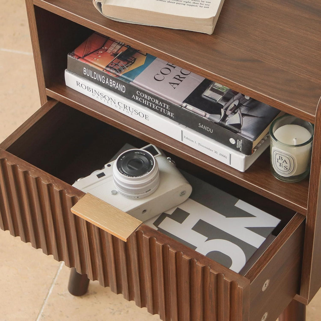 Night Stand, Mid Century Modern Nightstand with Fluted Drawers and Open Shelf, Small Accent Bedside Table for Bedroom, Living Room, and Small Spaces (Walnut Brown)