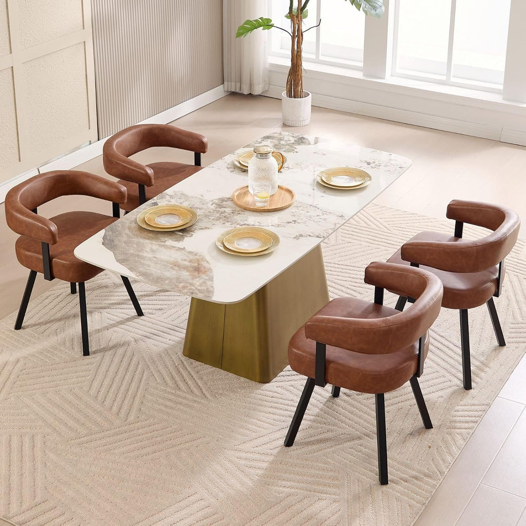 LukeAlon PU Leather Dining Chairs Set of 4, Simple Upholstered Side Chair with Padded Open Barrel Back Modern Guest Chair with Black Metal Legs for Kitchen Dining Room, Brown
